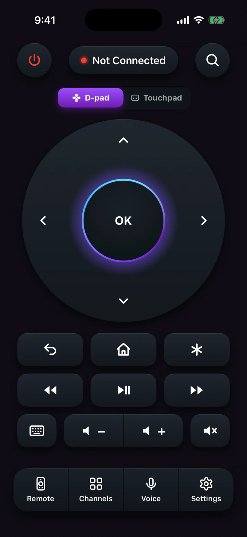 Roku remote app showing Not Connected before a Roku has been chosen