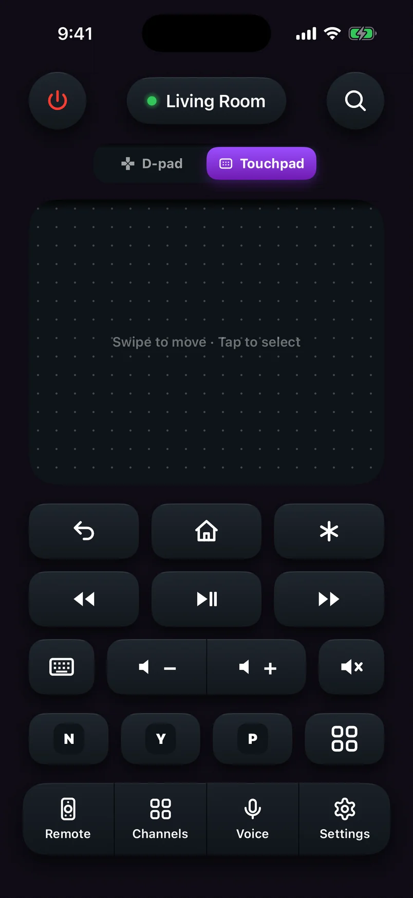 Roku remote app in touchpad mode: swipe to move, tap to select