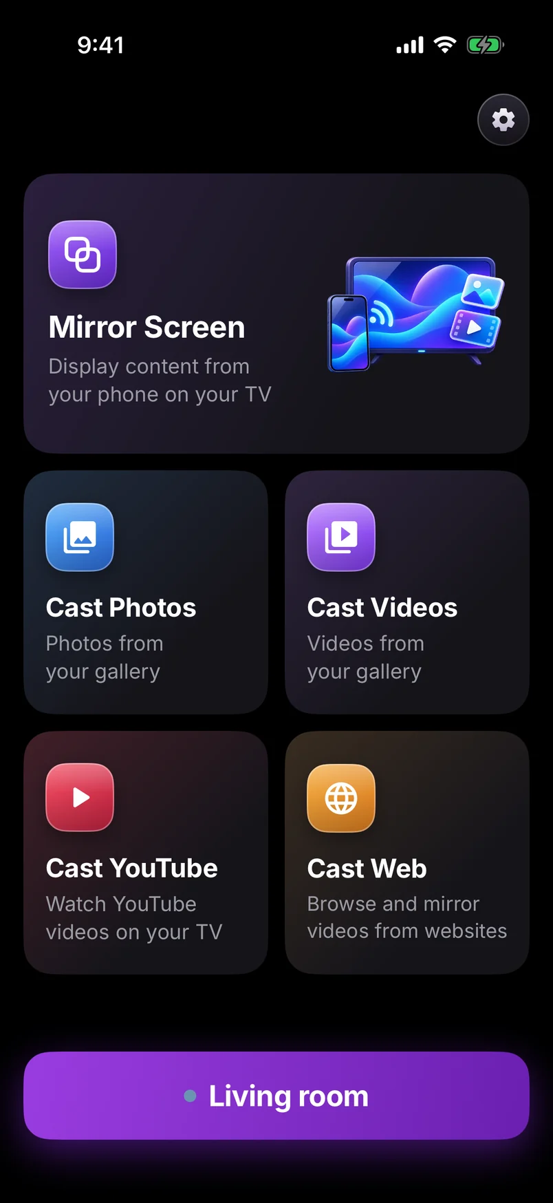 Screen mirroring app home connected to the Living room TV