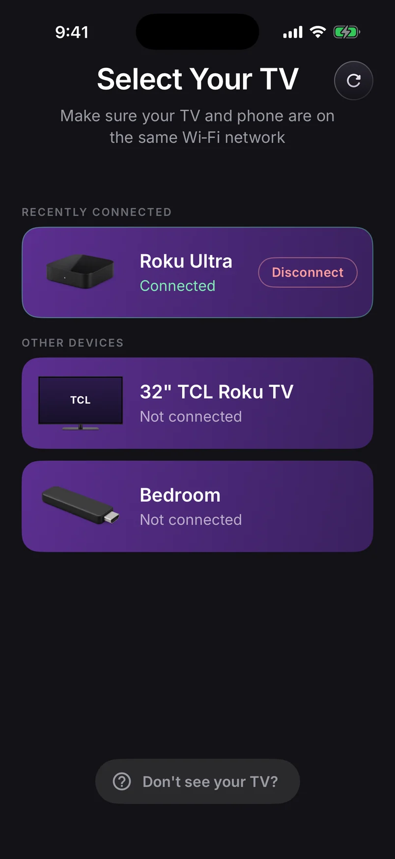 Select Your TV: a Roku Ultra connected, with a 32-inch TCL Roku TV and a Bedroom stick on the same Wi-Fi