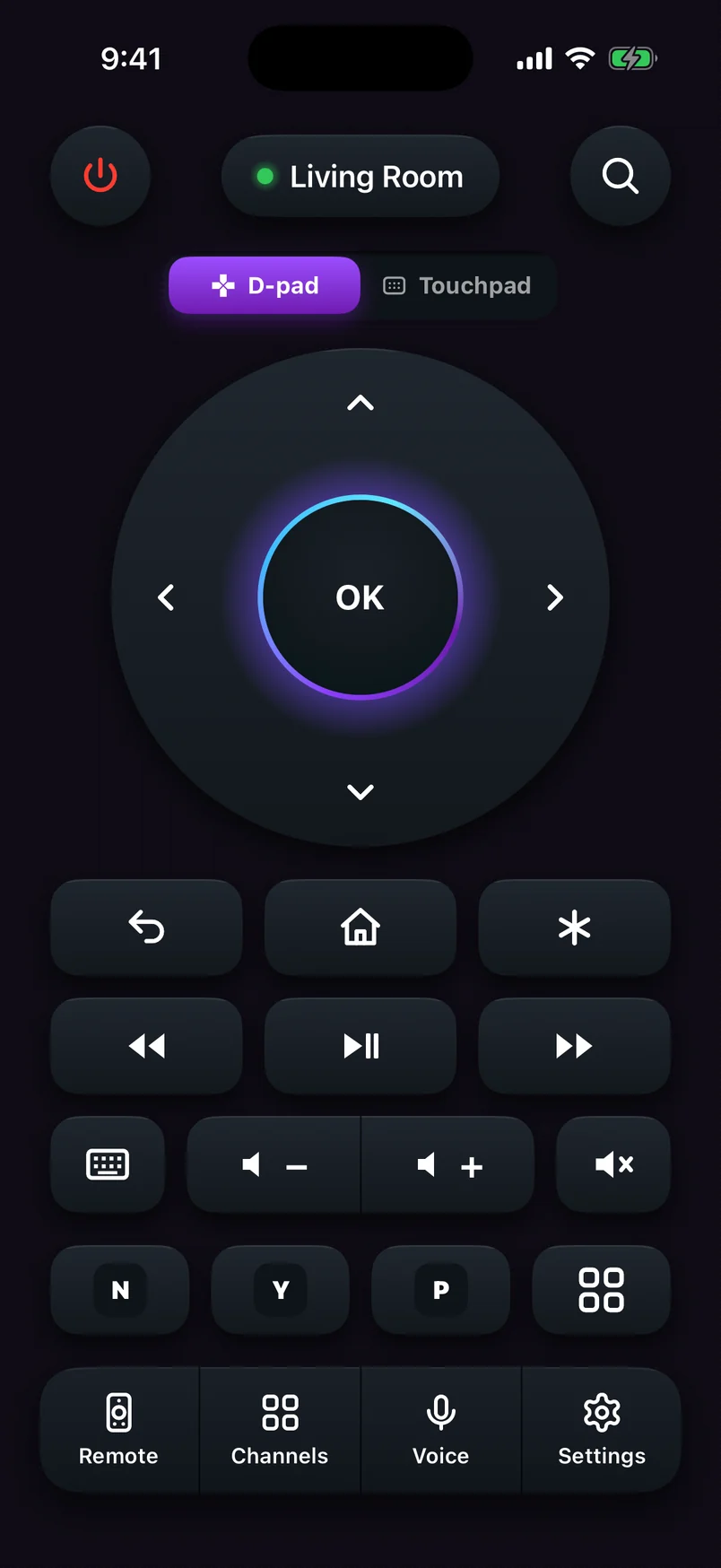 Roku remote app connected to the Living Room Roku, with the D-pad, playback, volume and channel keys