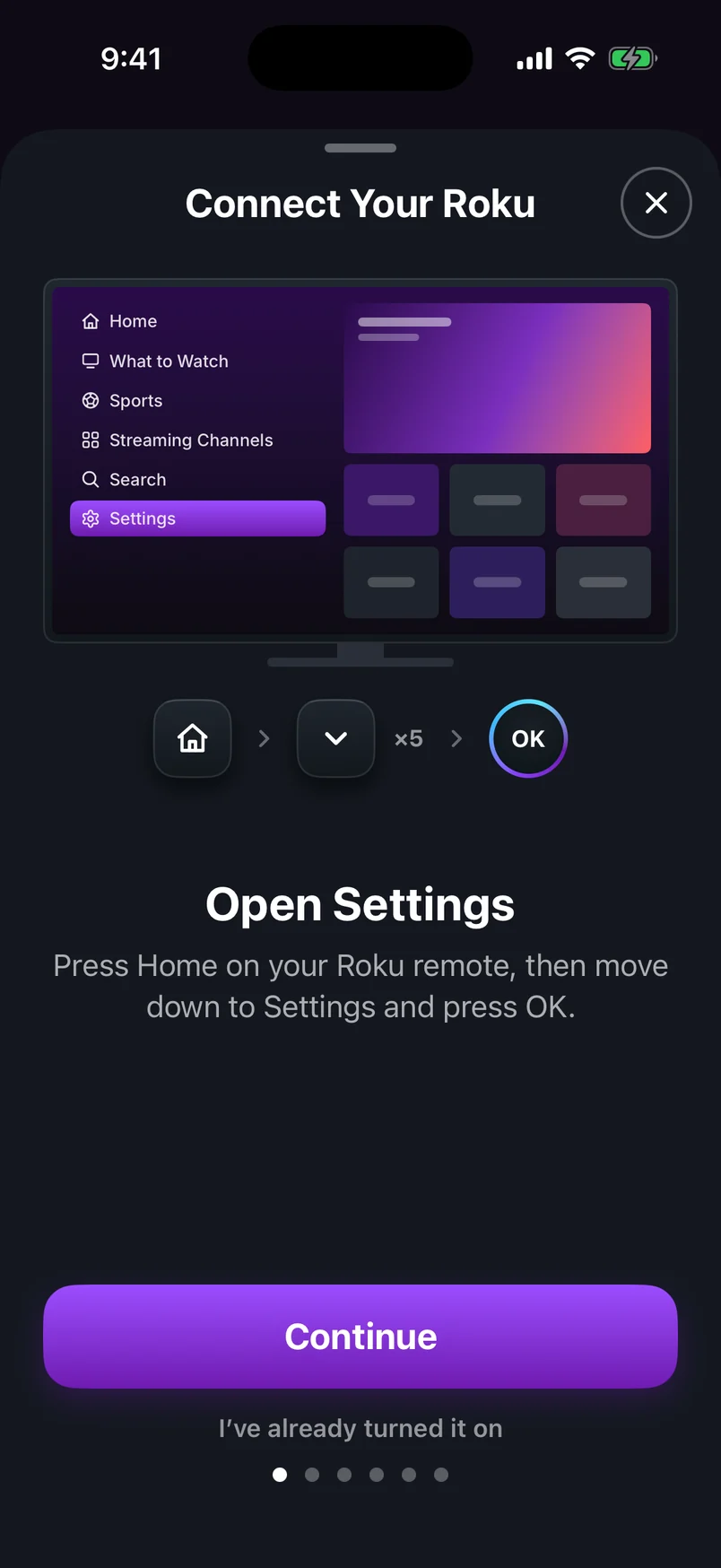 Connect Your Roku guide, step 1: press Home, move down to Settings and press OK